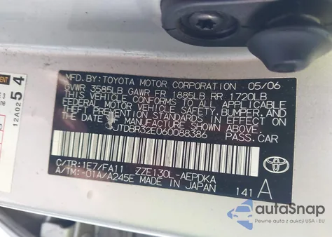 2006 Toyota Corolla Ce из США, поврежденный, VIN JTDBR32E060088386